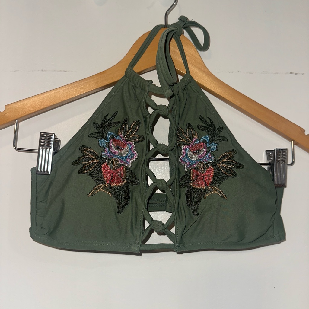 Floral Embroidered Swimsuit Top- Green
